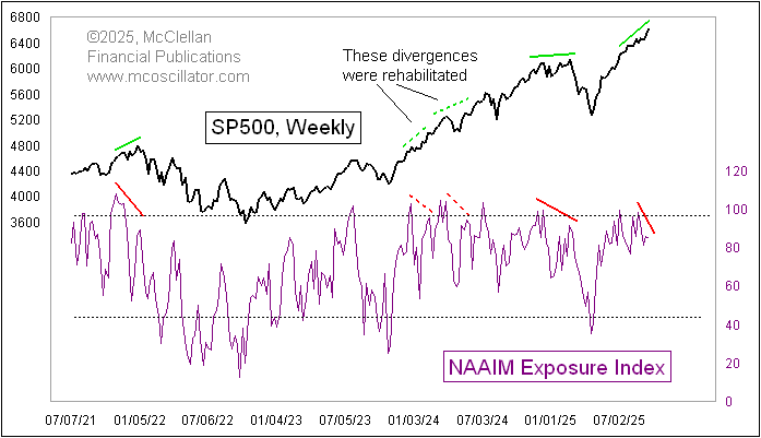 Divergences between the SP500 and the NAAIM Exposure Index are good markers of important tops. But there are false ones (divergences which get rehabilitated).