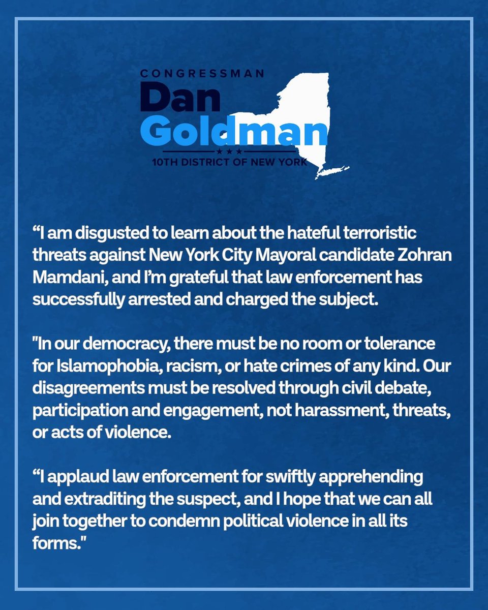 Terroristic, racial and islamophobic threats must be condemned and punished. 

My statement on the arrest of a man who made death threats against Zohran Mamdani.