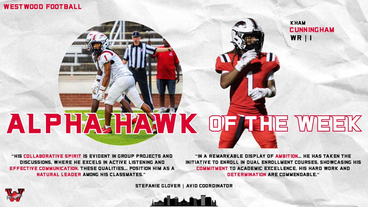 OUR WEEK 3 AlphaHawk of the week is Kham Cunningham. We appreciate his teachers, who took time to also share their thoughts about him! 

An Alpha Hawk is… 

I do what I’m supposed to do!
When I’m supposed to do it!
How I was coached to do it!

I’m a redhawk of no excuses. #hunt