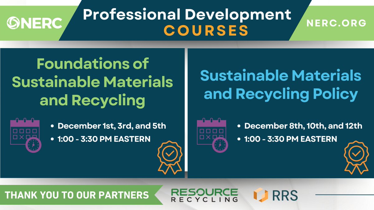We're excited to announce that registration for NERC's new Sustainable Materials and Recycling Policy course is now open for registration!💡

View the course syllabus and register: nerc.org/professional-d…