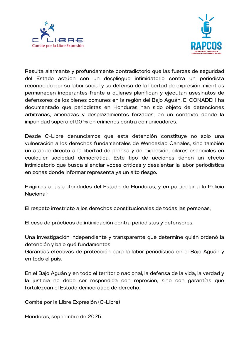 #AlertaPeriodismo

Condenamos la detención arbitraria de Wenceslao Canales, periodista y enlace de C-Libre en Colón, arrestado sin orden judicial.