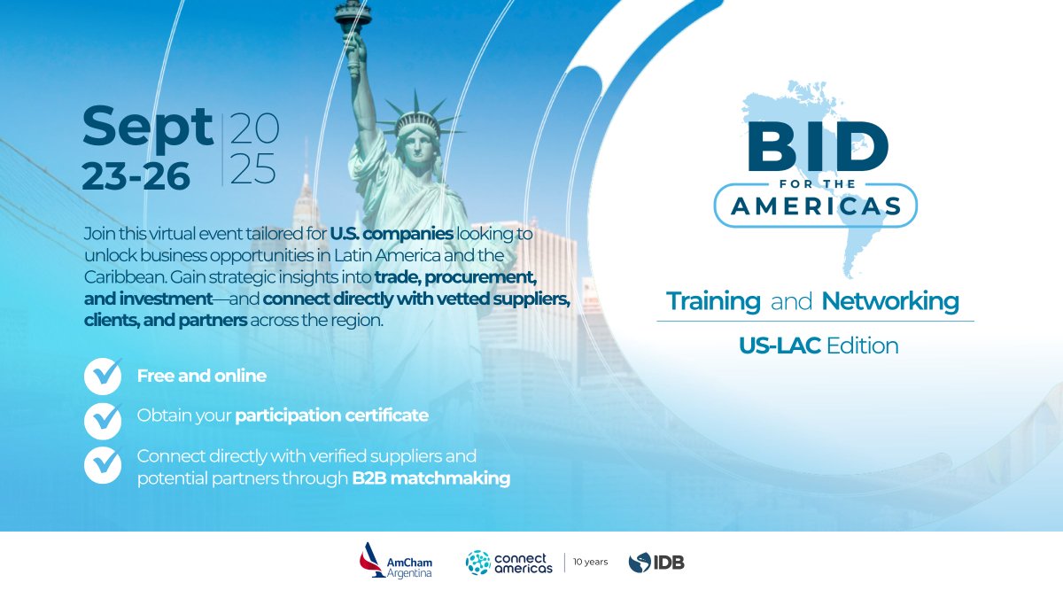 U.S. companies: Ready to grow in Latin America and the Caribbean? Join the #BIDfortheAmericas on 9/23-9/26, for a free &amp; virtual event!

💻 100% online 
📜 Certificate included
🔗 Register: bit.ly/4ppApR0 

#USLAC #BIDfortheAmericas #BeaconBuildsMiami