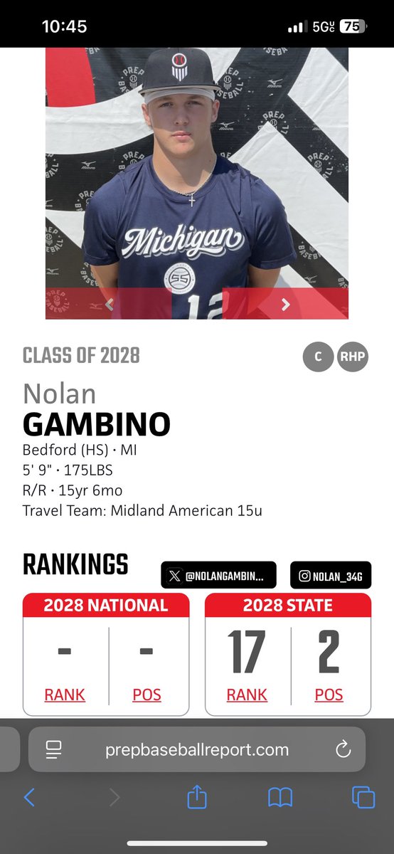 NolanGambino34's tweet image. Huge thanks to @PrepBaseballMI for the ranking blessed to be where i’m at but more work to be done. @MidlandAmer15U @MidlandBasebal @MidlandNorth @ProtrainBSB @cjpenn33