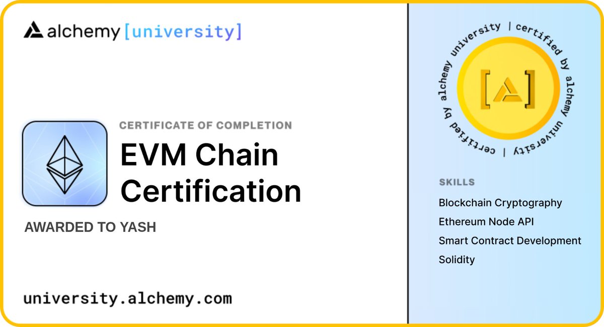yashk194's tweet image. 🚀 Just completed the EVM Chain Certification from @AlchemyLearn &amp;amp; @AlchemyPlatform!
7 weeks grinding through the Ethereum Bootcamp + 1 week building my final project totally worth it 🔥
🔗 Check out my project here: university.alchemy.com/projects/defis…

Huge thanks to the AU community &amp;amp; team