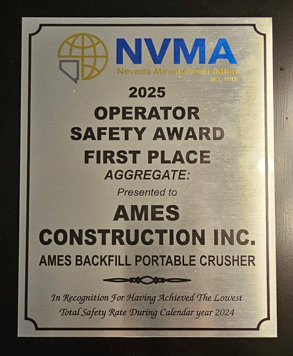 Ames Construction (@amesconstrn) on Twitter photo Congrats to Ames Construction’s Nevada team! Ames received the First Place Operator Safety Award, Aggregate Class, for our backfill portable crusher operation in Carlin, Nevada.
The award from the <a href="/nevadamining/">Nevada Mining Association</a> Nevada Mining Association recognizes the teams with the lowest total Congrats to Ames Construction’s Nevada team! Ames received the First Place Operator Safety Award, Aggregate Class, for our backfill portable crusher operation in Carlin, Nevada.
The award from the <a href="/nevadamining/">Nevada Mining Association</a> Nevada Mining Association recognizes the teams with the lowest total