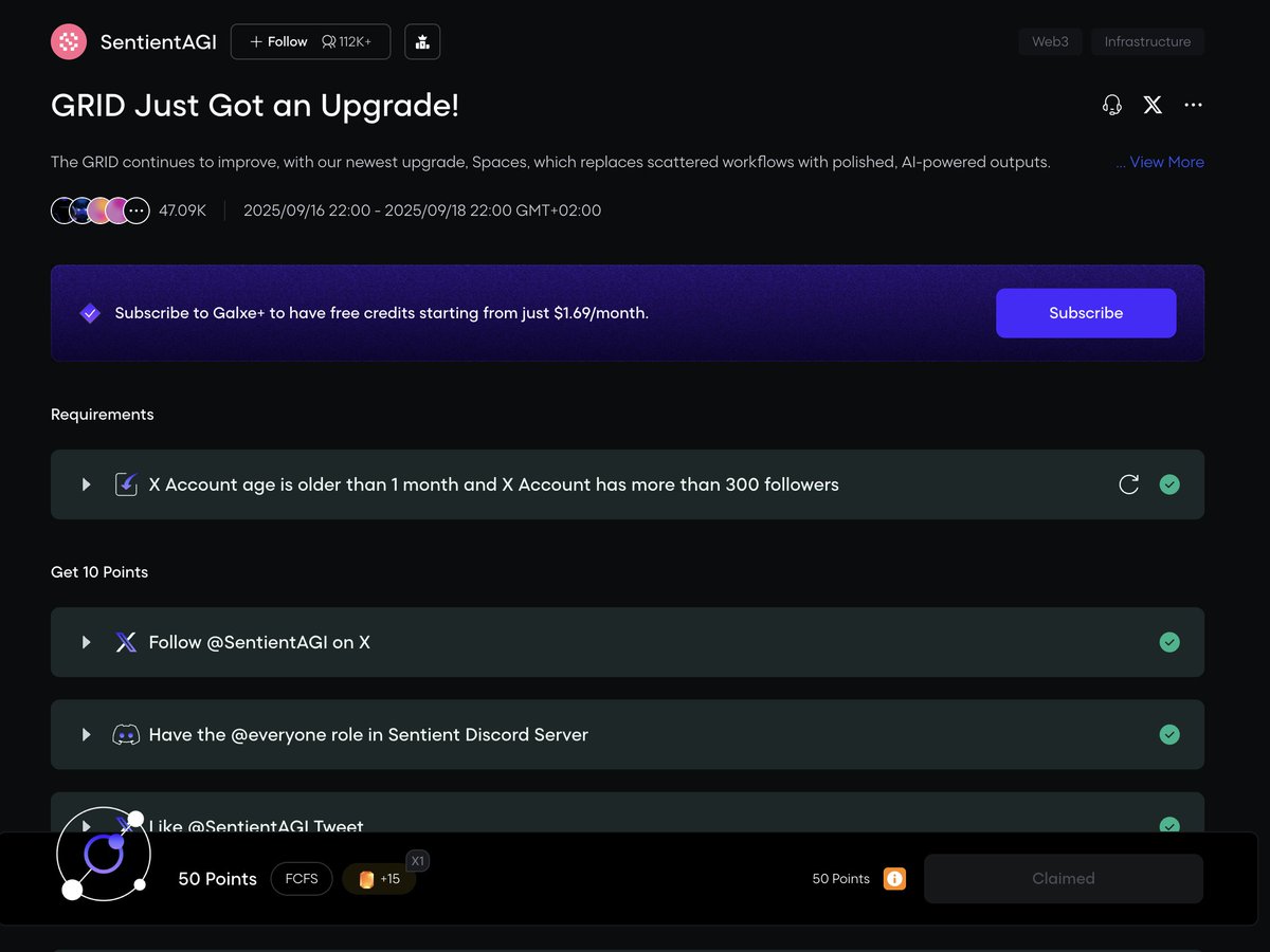 No new Sentient updates yet

If you havent done the Galxe tasks

I’d recommend doing them you probably wont get a drop

but it could be a smart anti-bot measure

so it’s important to complete

3 minutes, $0 cost

app.galxe.com/quest/5pH5qUCo…