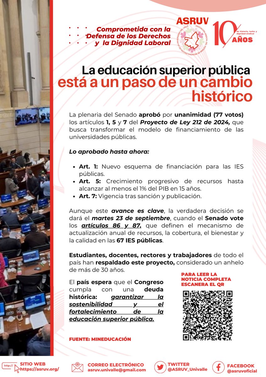 ASRUV_Univalle's tweet photo. #ASRUVTeCuenta | La educación superior pública está a un paso de un cambio histórico.

El Senado ya aprobó parte del Proyecto de Ley 212 de 2024, y el 23 de septiembre se decidirá el futuro de la financiación de las universidades públicas. https://t.co/YNKJlgSZfK