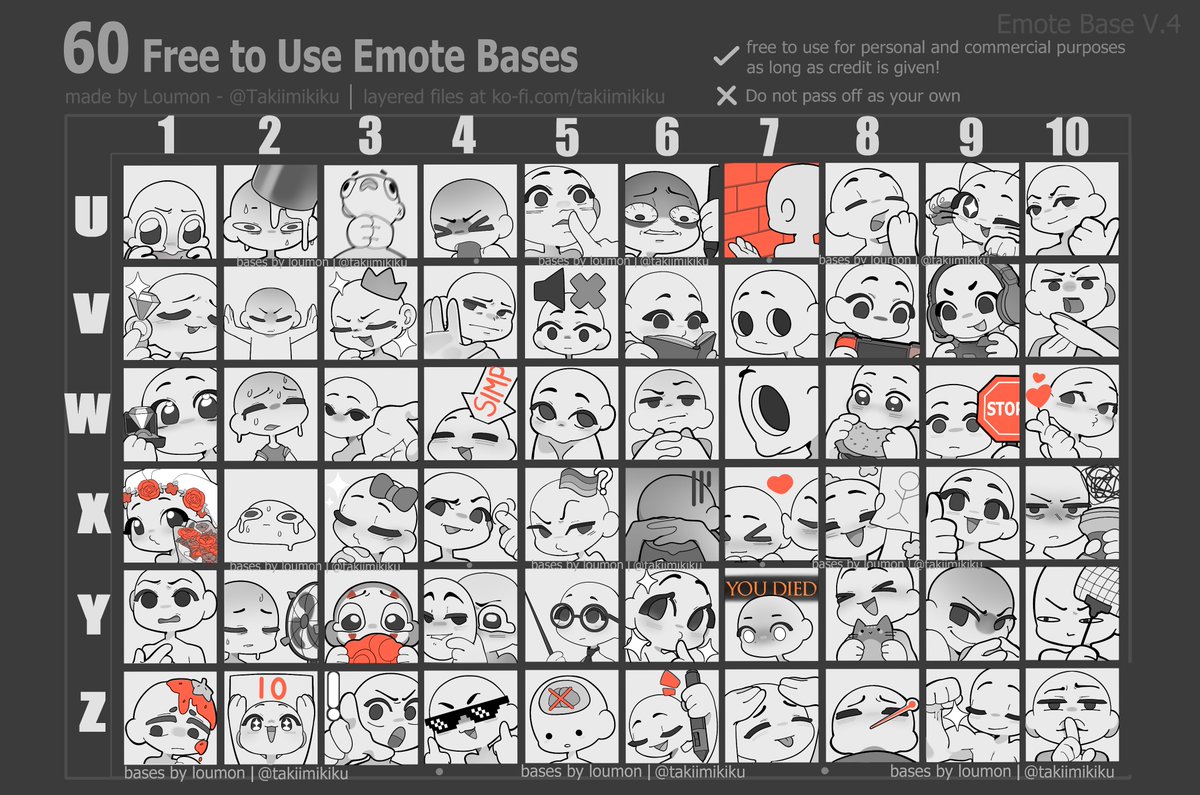 ich arbeite gerade an meinen emotes und fühle mich sehr inspirert!!

würde im oktober gerne eine challenge für mich selbst machen und alle bases mit verschiedenen vtubern zeichnen!!

✨also zeigt her eure refs und welches emote ihr gern hättet<3✨

zusammen kriegen wir das voll!!