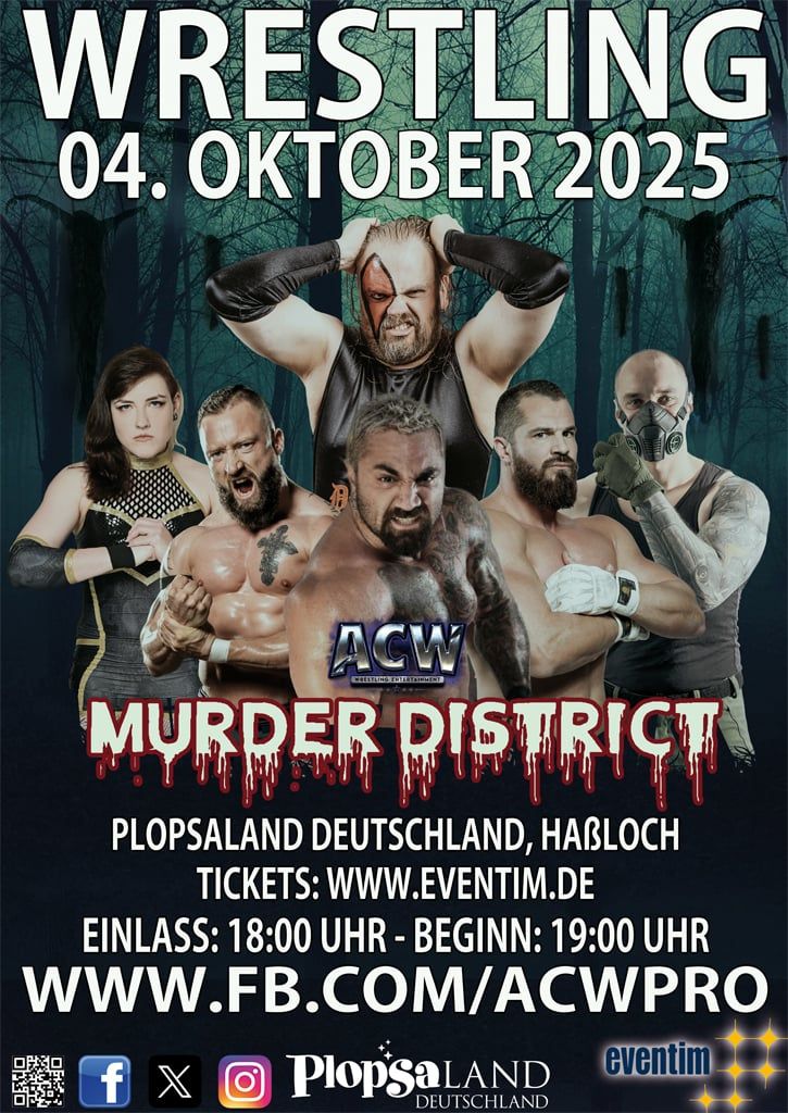 Next ACW Wrestling Event... 
  
📷 ACW Murder District  
📷 Samstag, 04. Oktober 2025  
📷 Location: Plopsaland Deutschland, Holiday-Park-Str. 1-5, 67454 Hassloch, Germany (ehemals Holiday Park)
📷 Einlass: ab 18:00 Uhr 
📷 Beginn Event: 19:00 Uhr 
📷 plopsa.com/de/plopsaland-…