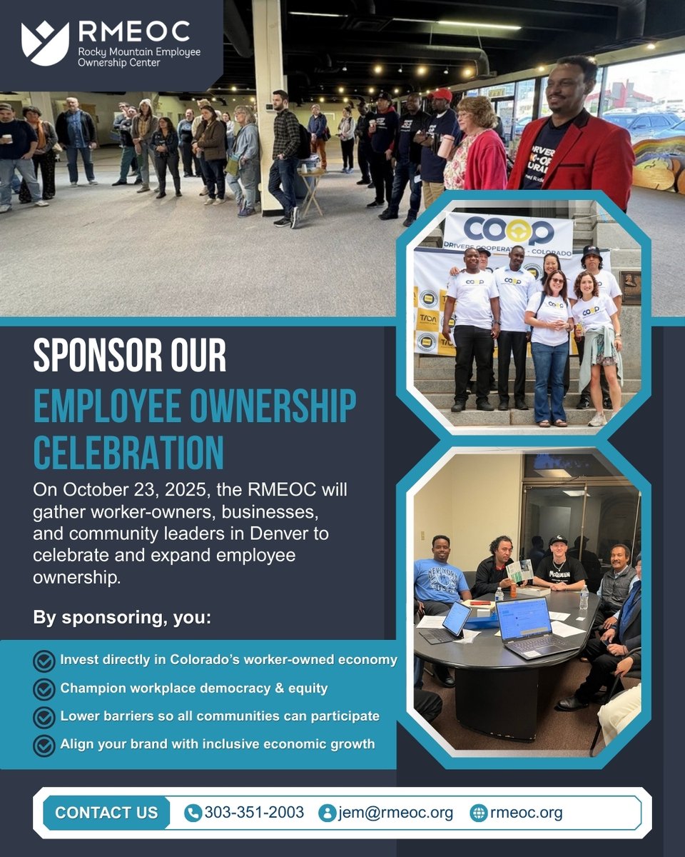 rmeoc_'s tweet image. 🌟 Support the movement! Sponsor RMEOC’s Employee Ownership Celebration on Oct 23 in Denver. Sponsorships ($500–$10k) include event visibility, logo placement, &amp;amp; recognition on the Coop Rideshare app. Deadline Oct 1—build a fairer economy with us! 💡 #CoopsBuildCommunity