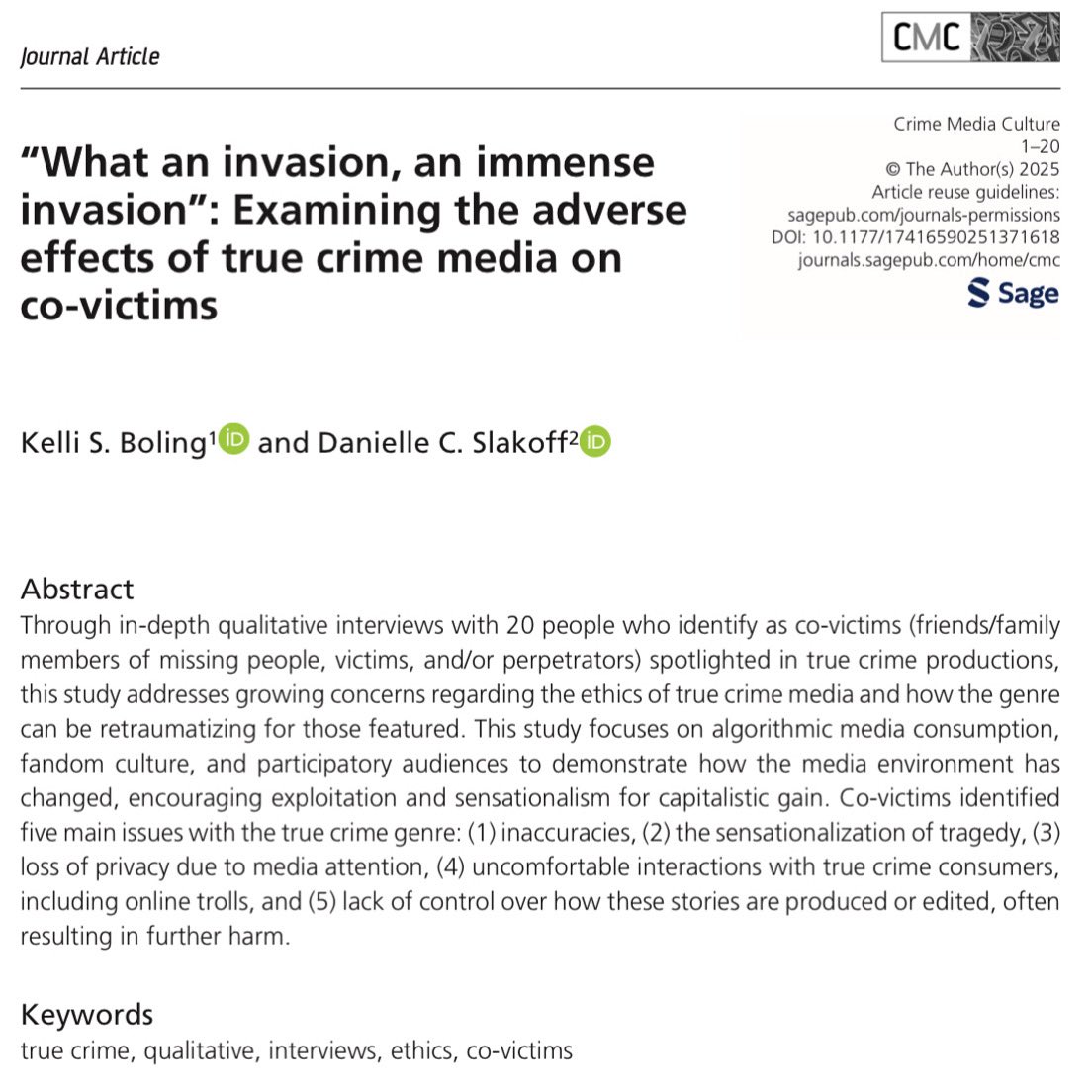 NEW RESEARCH ‼️ What are the negative effects of true crime on co-victims (the loved ones of missing people, victims, and/or perpetrators)?

Together with Dr. Kelli Boling, we explored this question through in-depth interviews with 20 co-victims. 🧵