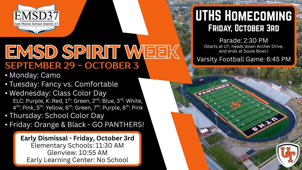 Our apologies for multiple posts of our Spirit Week graphic. Please note the time change of the parade from 2:00 pm to 2:30 pm, as well as the class colors for Glenview on Wednesday.