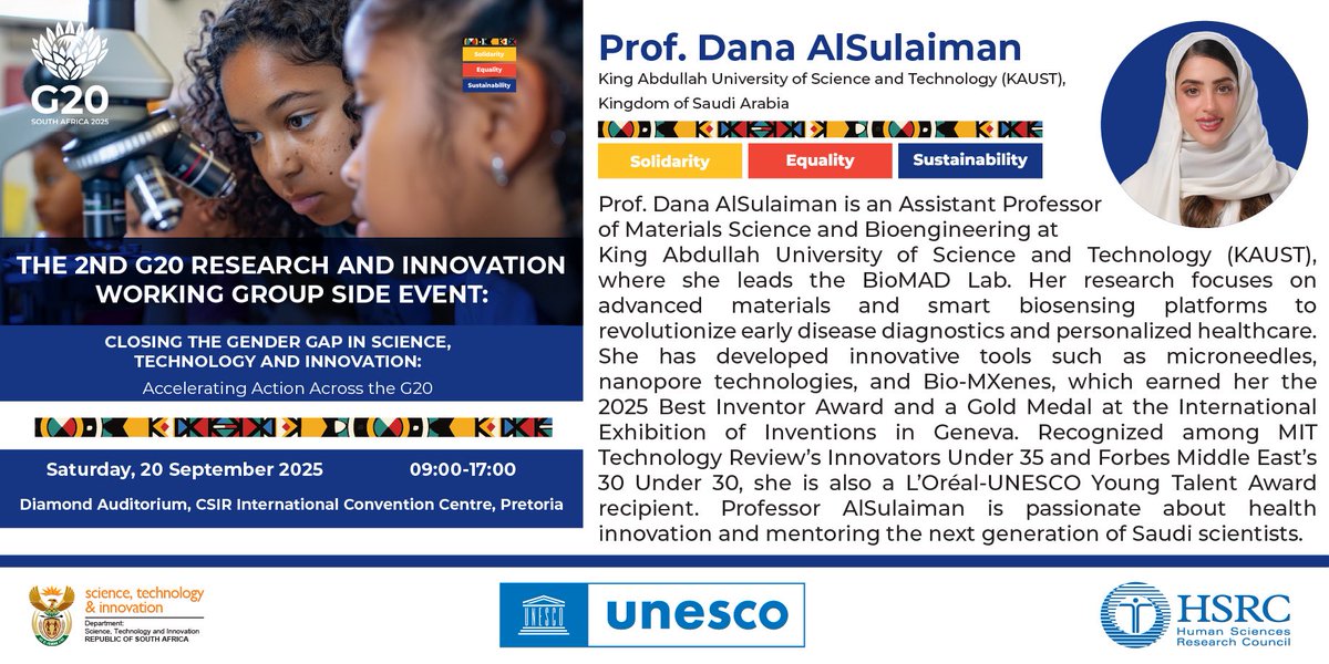 _Dr_Dana's tweet photo. This Saturday, Sep 20, I’ll be representing Saudi Arabia in the #G20 Women &amp; Girls in Science Side Event which brings leaders, innovators &amp; young voices to close the gender gap in #STEM &amp; #innovation.
🔗 Register &amp; view: https://t.co/ek0OUiHpEa https://t.co/P8ktBHrdFa
