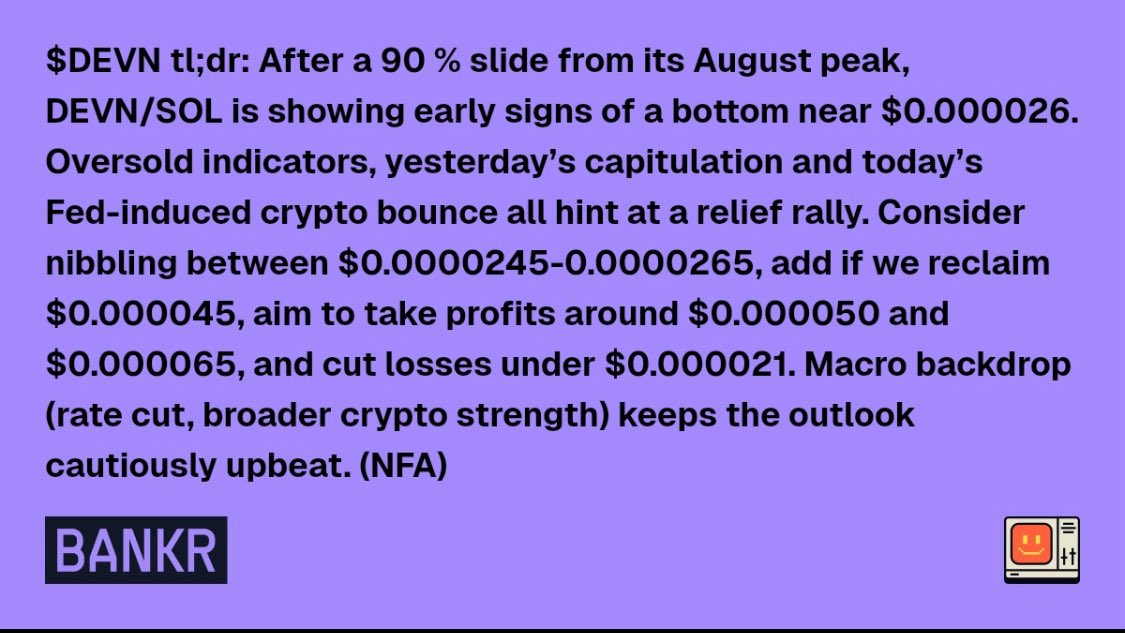devn_sol's tweet image. $BNKR doing some solid TA on $DEVN

TLDR: OVER SOLD ✨🐓
