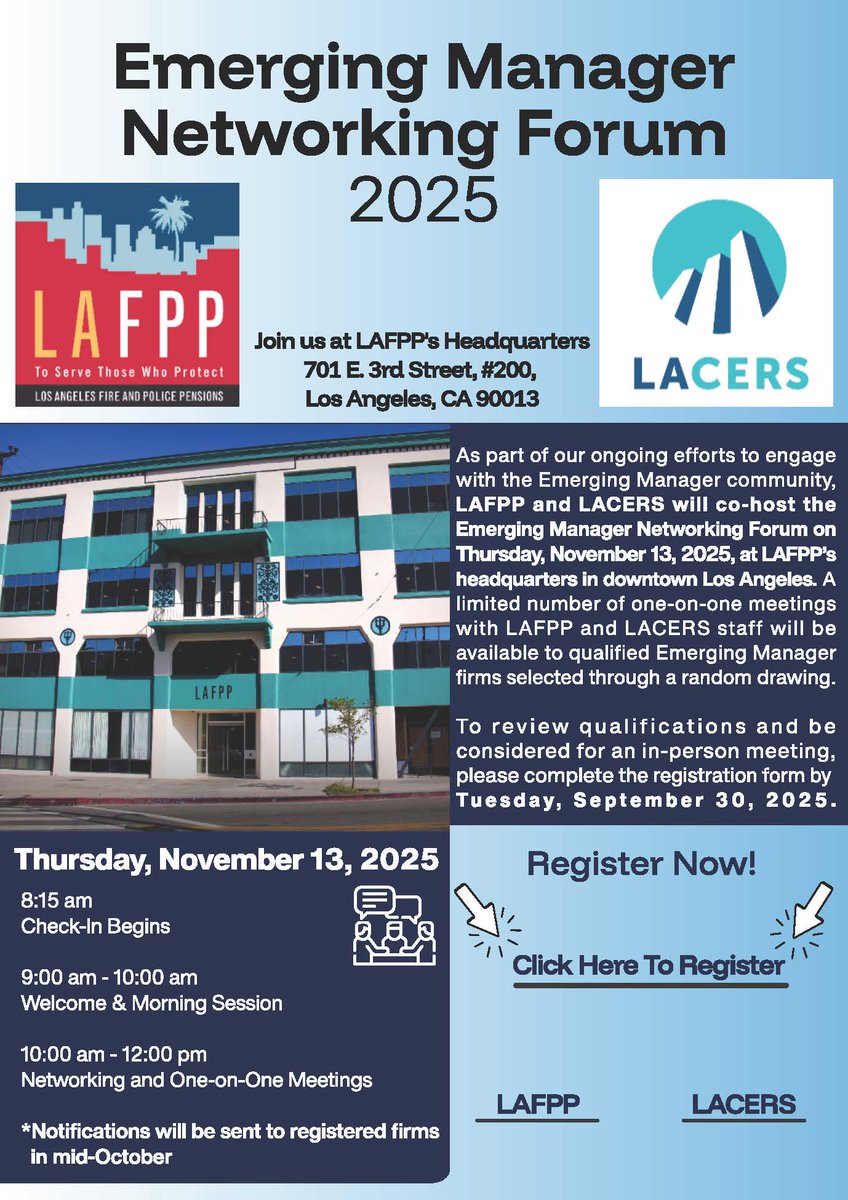 LAFPP's tweet image. As part of our ongoing efforts to engage with the Emerging Manger community, LAFPP and LACERS will co-host the Emerging Manager Networking Forum on Thursday, November 123, 2025. For more information/register visit forms.monday.com/forms/03cec618…