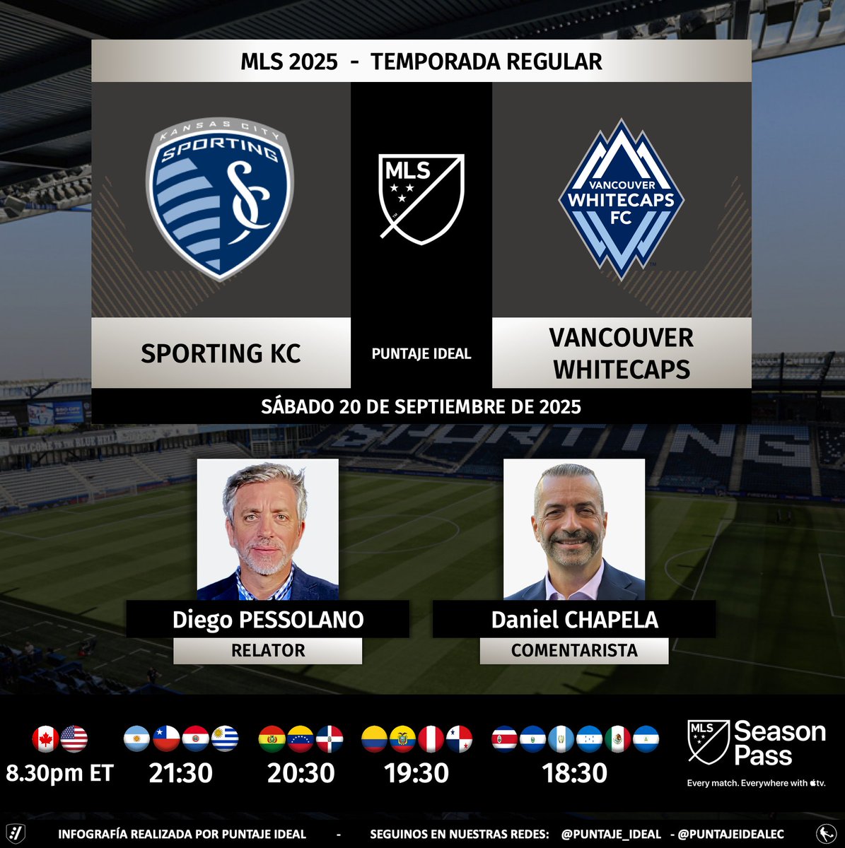 ⚽️ #MLS | 🇺🇸 #SportingKC vs. #VancouverWhitecaps 🇨🇦
🎙 Relator: <a href="/DiegoPessolano/">Diego Pessolano</a> 
🎙 Comentarista: <a href="/dchapela/">Daniel Chapela 🇻🇪</a>
💻📱 #MLSSeasonPass en <a href="/AppleTV/">Apple TV</a>
🤳 #SKCvVAN
Dale RT 🔃