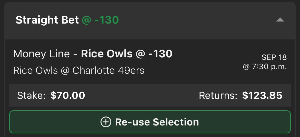 🚨 FREE PLAY ALERT 🚨
Tonight’s CFB slate we are LOCKED on:
Rice Owls ML (-125 to -140 range) 💎 3 UNIT FREE PLAY 💎
Why we’re in: ✅ Run-first offense that controls the pace ✅ Charlotte’s offense banged up &amp; inconsistent ✅ Clean weather = Rice game plan fully intact
We’re