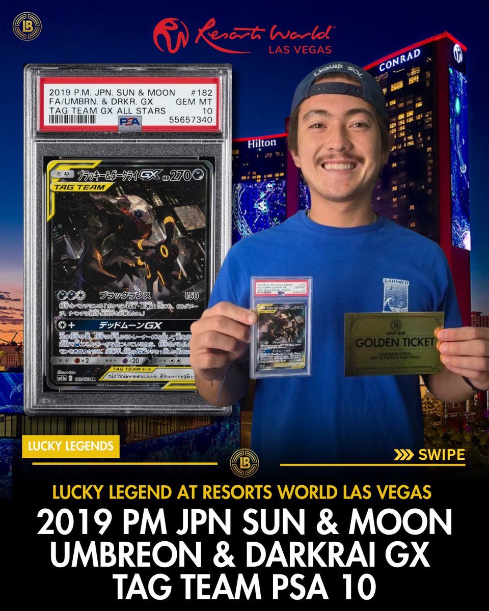 🌙✨ LUCKY LEGEND ALERT ✨🌙
At @resortsworldlv, a new Lucky Legend pulled a Holy Grail!
🏆 2019 PM JPN Sun &amp; Moon Umbreon &amp; Darkrai GX Tag Team PSA 10 🔥💎
Congrats, wandersquad
Two of the most iconic dark-types united in GEM MINT 10 GLORY! 🖤⚔️ 
Who’s chasing the next grail? 👀