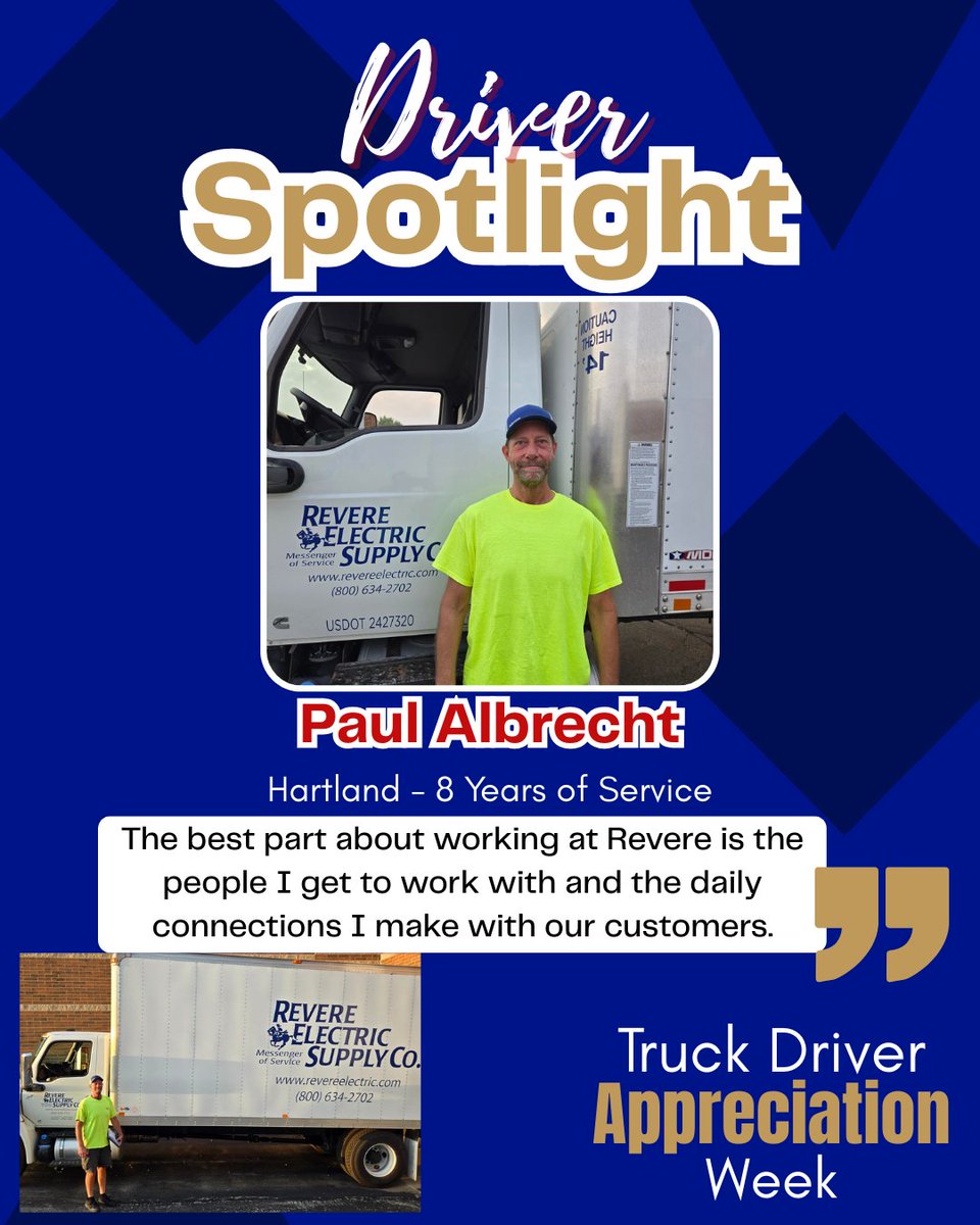 RevereElectric's tweet photo. Meet Paul Albrecht from our Hartland driving team! Paul has enjoyed the strong sense of connection at Revere — from working alongside supportive coworkers to building great relationships with our customers. https://t.co/lO8x0j48KW