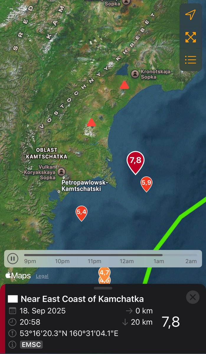 🚨 noch ein #Erdbeben mit 7,8 auf der Richterskala diesmal an der Küste #Kamtschatka

Grosse #Tsunami Gefahr!

Next #earthquake hit #Kamtschatka with 7,8 Richter scale 

High tsunami potential!

#breaking #quake #alarm #tsunami