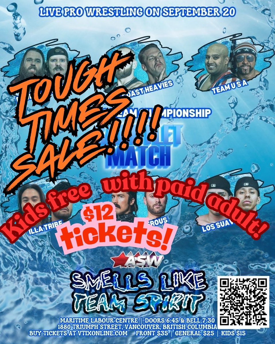 ASWCANADA's tweet photo. TOUGH TIMES SALE!!!!

Inflation, rent, unemployment, school supply costs getting you down???

ASW has the answer - FREE tickets for kids under 12 with a paid adult!

Also, $12 general admission seats from now until show time at 7:30pm on Saturday!

ASW feels the tough times and will be there for our fans - come to see Smells Like Team Spirit this Saturday in Vancouver!!!

https://t.co/7qiU8SJV1Y