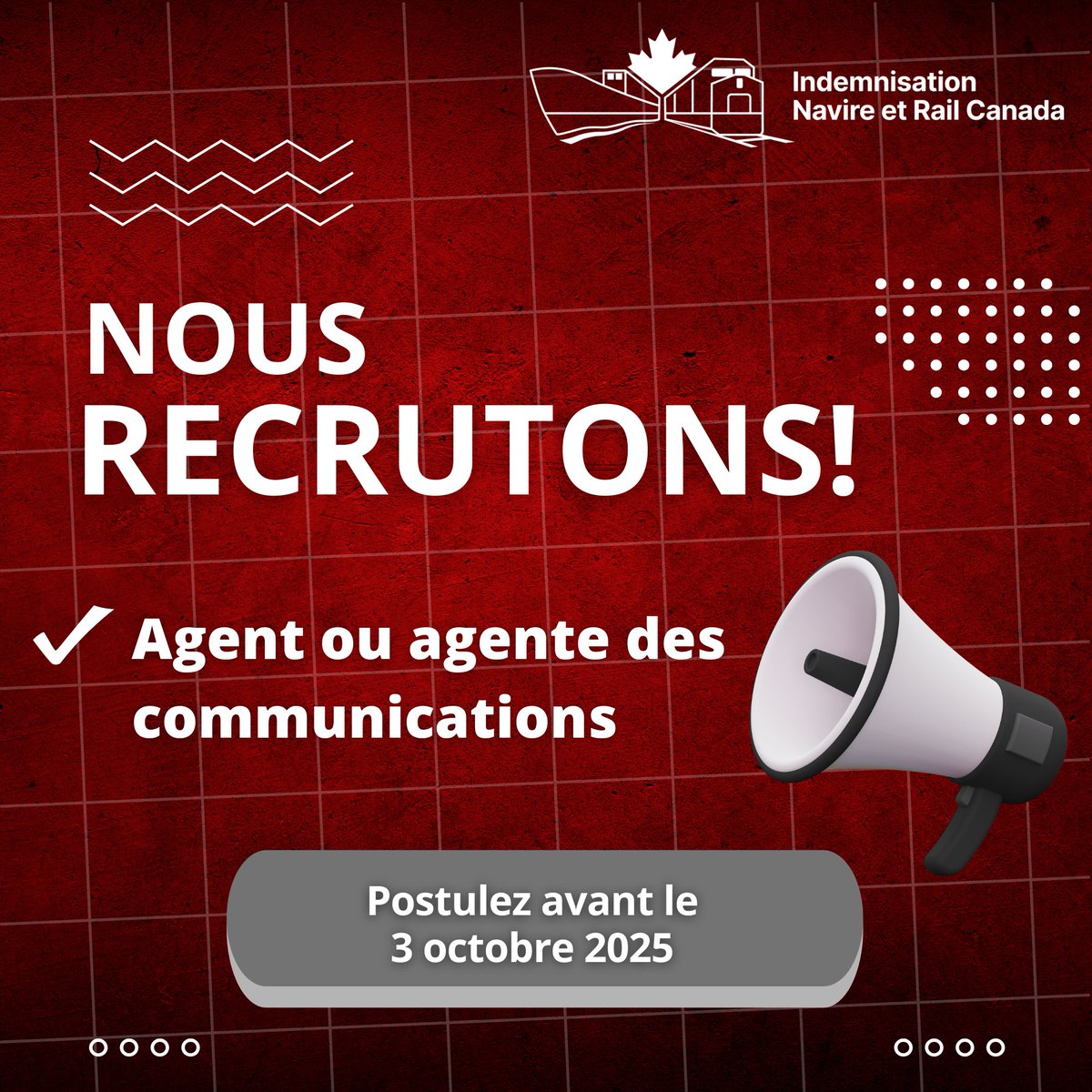 NavireRailCAN's tweet image. Rejoignez-nous! Nous sommes à la recherche d’un.e agent.e des communications bilingue pour nous aider à sensibiliser le public à l’indemnisation que nous pouvons offrir!

En apprendre plus ici : sopf.bamboohr.com/careers/45