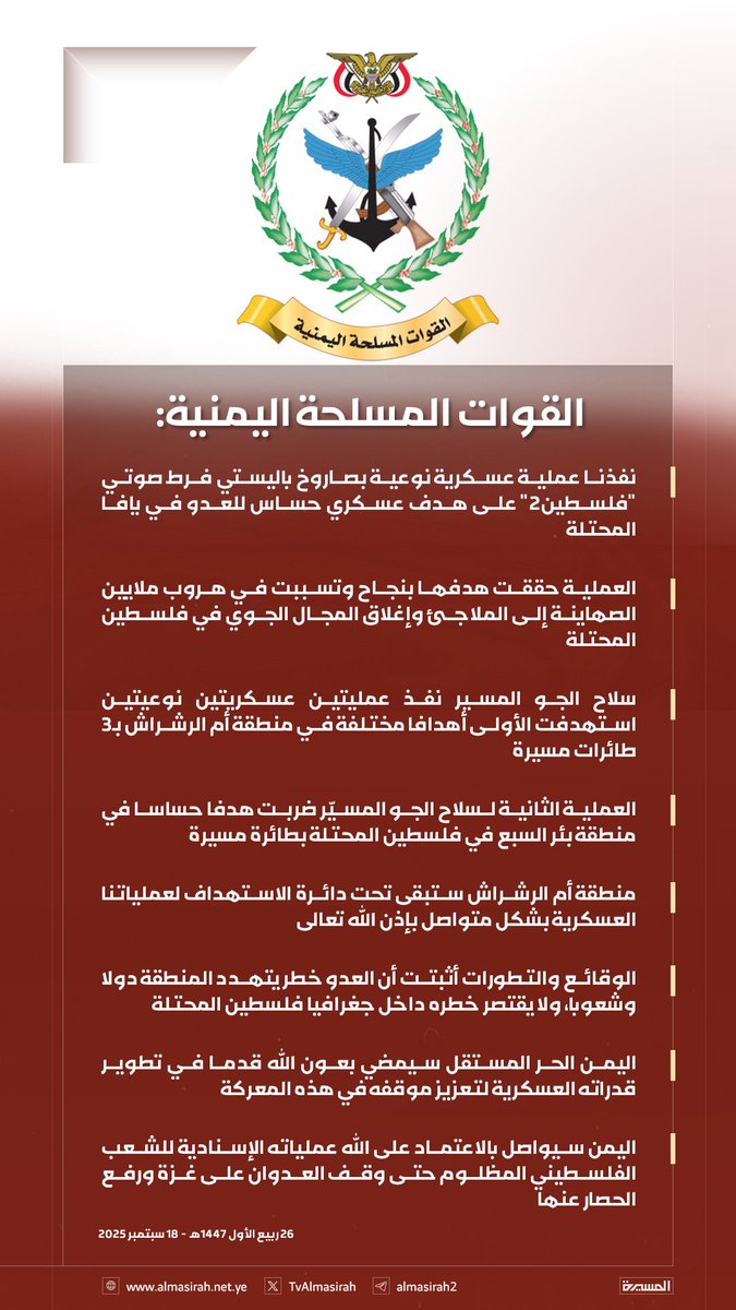 بيان القوات المسلحة اليمنية بشأن تنفيذ عملية عسكرية نوعية بصاروخ باليستي فرط صوتي فلسطين2 على هدف عسكري حساس للعدو في يافا المحتلة، واستهداف أهدافا مختلفة في منطقة أم الرشراش بـ3 طائرات مسيرة، وضرب هدف حساس في منطقة بئر السبع بطائرة مسيرة رابعة
#ثابتون_مع_غزة 
#يمن_الواثقين_بالله
