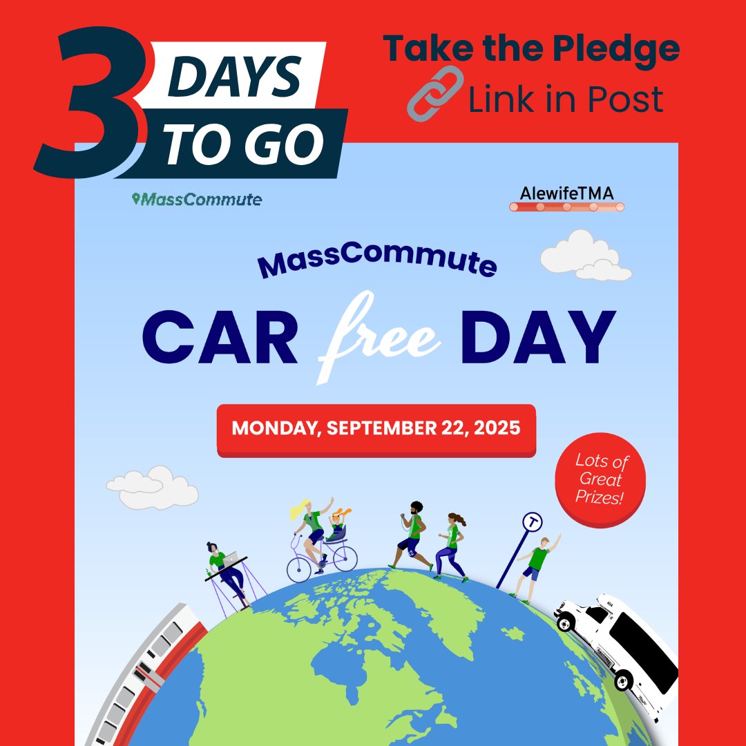🚶‍♀️🚲 Only 3 days until World Car-Free Day!
Take the Pledge, join the Challenge, and you could win prizes just for skipping the car on September 22 🌍 (alewifetma.org/commuter-chall…)
#CarFreeDay #TakeThePledge #WinPrizes #EcoFriendlyChoices #3DaysToGo