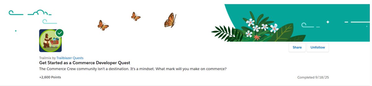 Ayush77852132's tweet image. Just completed the ‘Get Started as a Commerce Developer’ quest by @trailhead ! Excited to join The Commerce Crew mindset and make my mark in the world of #SalesforceCommerce. Onward to building smarter, faster e-commerce experiences! #Salesforce #Trailhead
