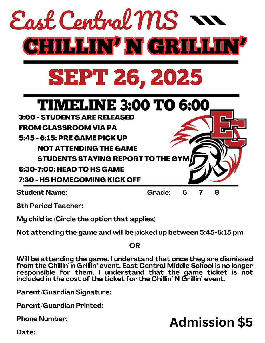 All students received a Chillin' N Grillin' permission slip yesterday during Trojan Pride Bell.  Permission slips are due back no later than 9/24.