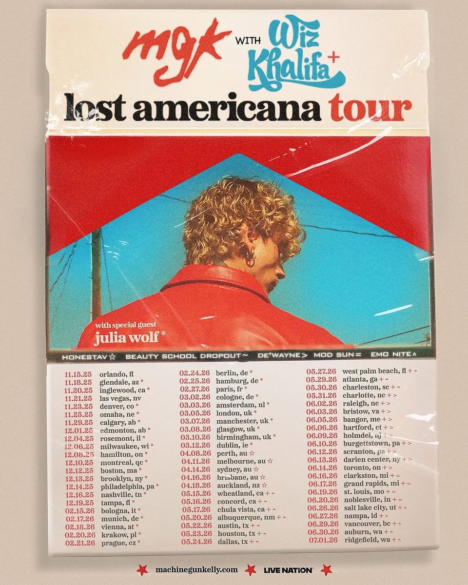 ▫️ MGK anuncia las fechas de su gira mundial Lost Americana 2025-2026. | MGK Announces 2025-2026 Lost Americana World Tour Dates

Recordemos es la primera parte y agregaran más fechas y países.