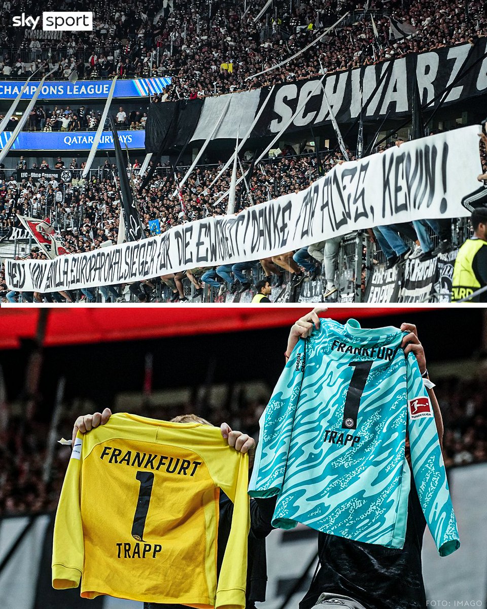SkySportDE's tweet image. Begleitet von Sprechchören und tosendem Applaus der Fans, hat die Eintracht ihren ehemaligen Kapitän Kevin Trapp vor dem Champions-League-Spiel gegen Galatasaray verabschiedet. 🥺 

➡️ Der zum FC Paris gewechselte Torhüter erhielt als Abschiedsgeschenk die lebenslange…