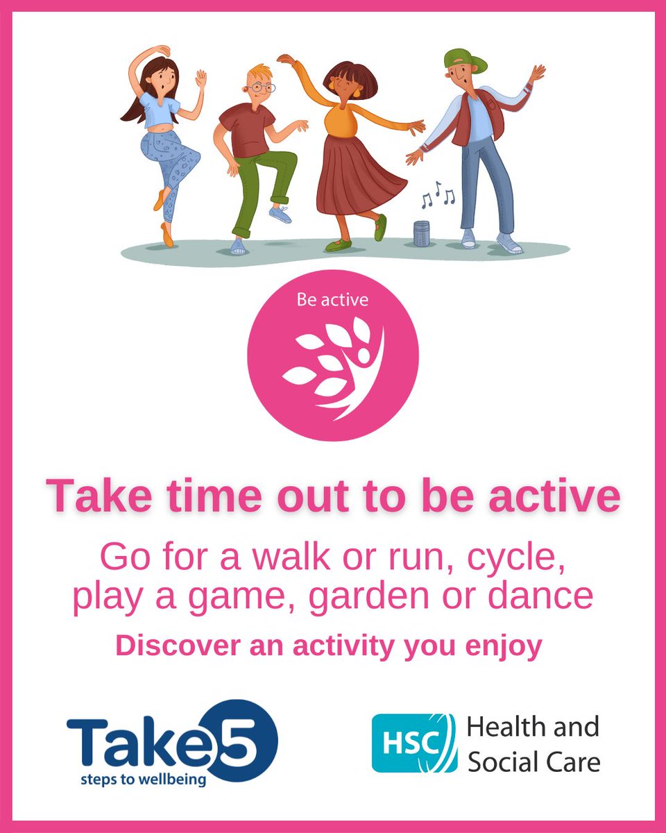 Being more active benefits your physical and mental wellbeing.

Find out more about why Health and Social Care organisations in NI are urging people to prioritise mental health using the ‘Take 5 steps to Wellbeing’ at MindingYourHead.info  

#LookAfterYourMentalHealth