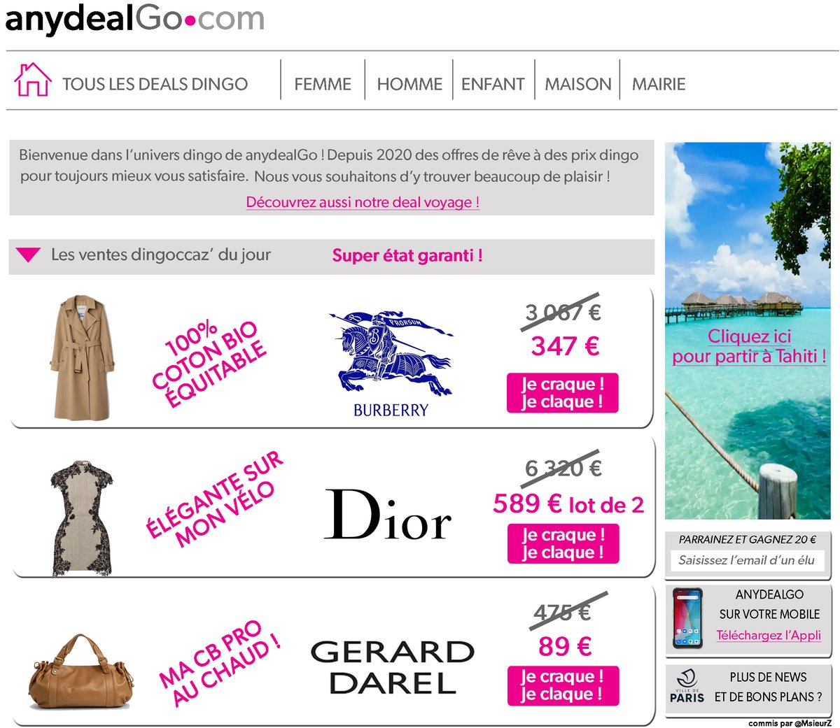 Génial ce nouveau site AnydealGo ! 
Vêtements femme seconde main en super état ! 
Burberry, Darel, Dior + un voyage à Tahiti à gagner.

Dépêchez vous, ça part comme un feu d'artifice des JO ! 

#hidalgogate