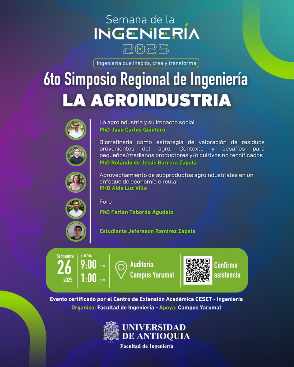💡¡Prepárate para el 6to Simposio Regional de Ingeniería!

📍Se realizará en Yarumal en la Semana de la Ingeniería, y el tema será La Agroindustria; dirigido a  estudiantes, egresados, empresas, entidades públicas y comunidad

☝️Confirma tu asistencia: bit.ly/6to-simposio-i…