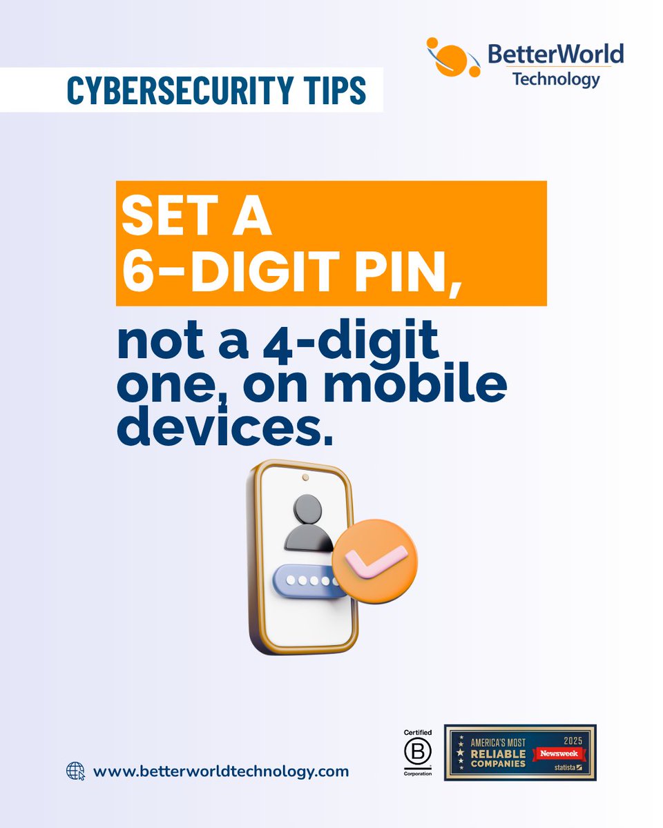 BetterWorldTech's tweet image. Set a 6-digit (or longer) PIN, not a 4-digit one, on mobile devices.
Four digits crack in minutes; add two, multiply security.
#MobilePIN #DeviceSafety #CyberBasics