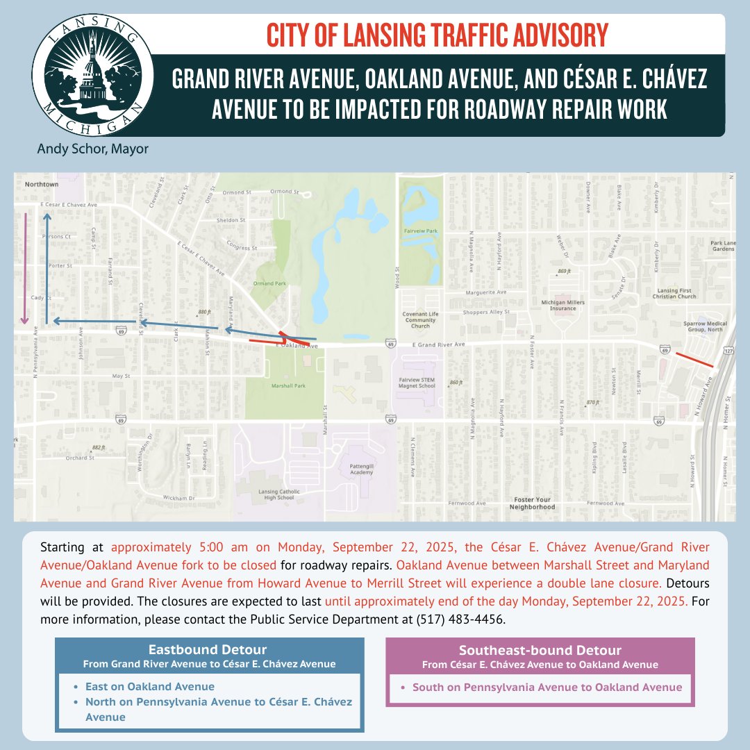 Traffic Advisory: Starting at approx. 5 am on Monday, Sept 22, César E. Chávez, Oakland, and Grand River to be impacted for roadway repair work.

The traffic lane shifts are expected to last until approx. end of the day Monday, Sept 22.

See advisory: lansingmi.gov/851/Traffic-Ad….