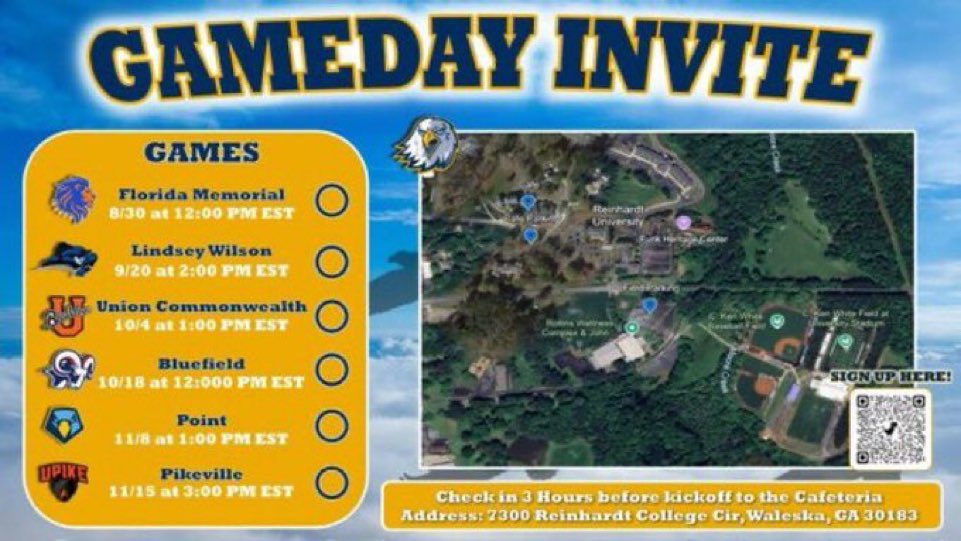 Thanks to <a href="/ReinhardtFB/">Reinhardt Football</a> for the game day invite! Excited to learn more about the program and coach. Can’t wait!!🦅🦅
<a href="/Coach_JMiller/">James Miller</a> <a href="/coachmccloud3/">Coach McCloud</a> <a href="/RobStowe4/">Coach Rob Stowe</a> <a href="/jeremiahb9/">Jeremiah Brown</a>  <a href="/unioncofootball/">UC Football</a> <a href="/NwGaFootball/">NwGa Football</a> <a href="/GEMCLASS_/">G.E.M. Class Recruiting</a>