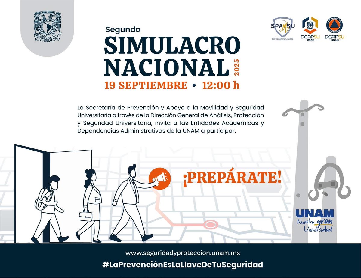 educonfm's tweet photo. Por una cultura de prevención. 
Participa en el SegundoSimulacroNacional2025

🗓️ 19 de septiembre 2025
🕛 12:00 horas

#LaPrevenciónEsLaLlaveDeTuSeguridad
#UNAM #Simulacro2025 #ProtecciónCivil #SomosFacMed

@FacMedicinaUNAM https://t.co/INnNZT1gaN