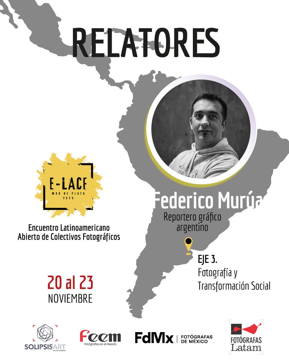 📣 Relator #ELACF2025

 🟡 Eje 3. Fotografía y Transformación Social
📸 Federico Murúa [<a href="/fotoconfede/">Foto con Fede</a>], fotógrafo, reportero gráfico y documentalista argentino. Investigador y productor del podcast <a href="/fotoconfede/">Foto con Fede</a>. 

📅 20–23 nov | Mar del Plata

#EncuentroDeColectivos