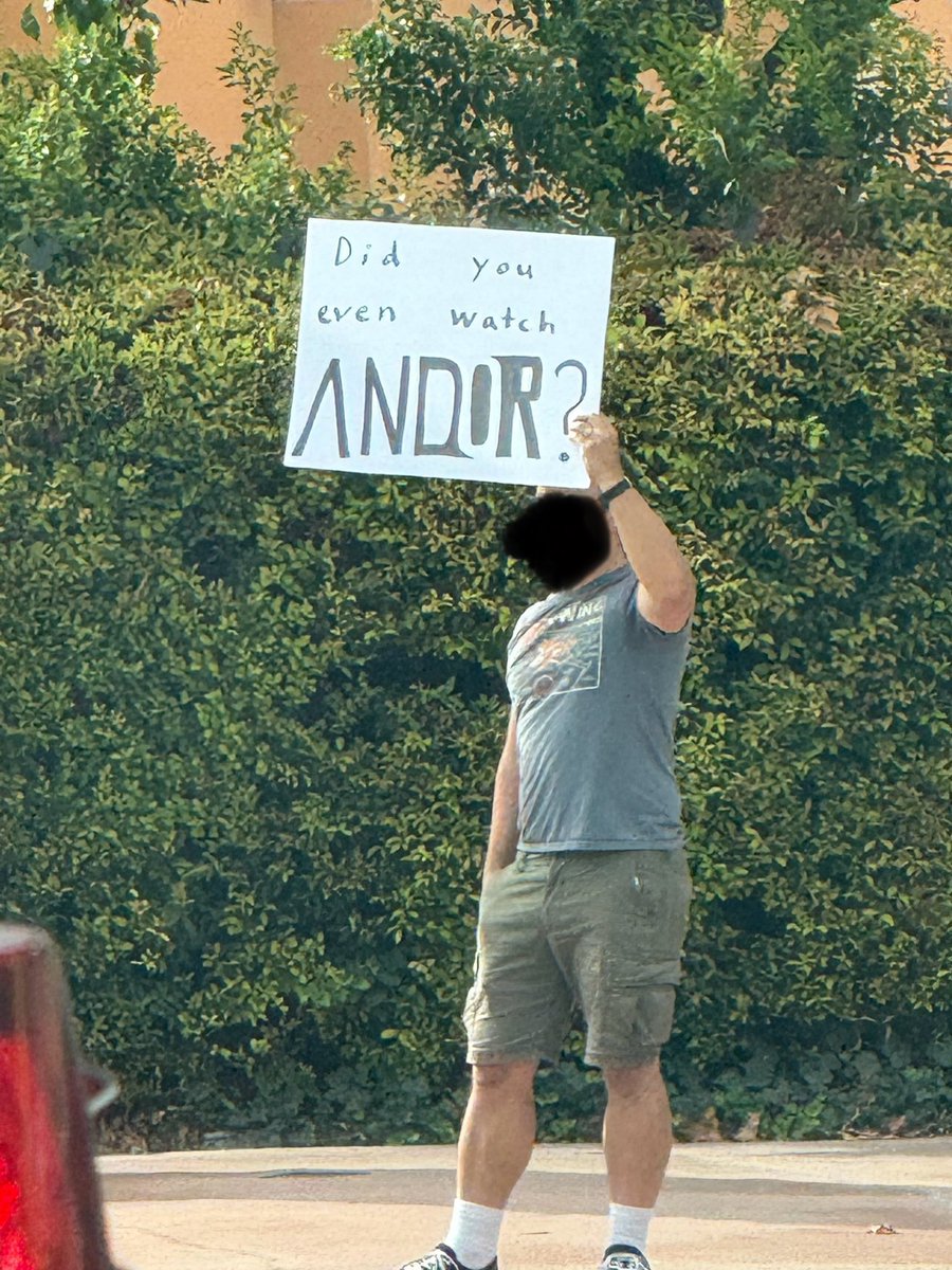 A person protesting the Jimmy Kimmel show suspension outside the Disney lot today holds a sign that says: 

“Did you even watch ANDOR?”

(Picture credit: <a href="/westernwilder/">andrew hegele</a>)