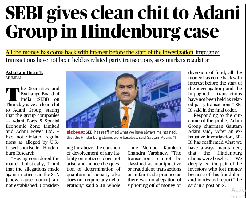 SEBI dismissed  allegations of stock manipulation against Gautam Adani and  his group of companies made by U.S. short-seller Hindenburg Research.