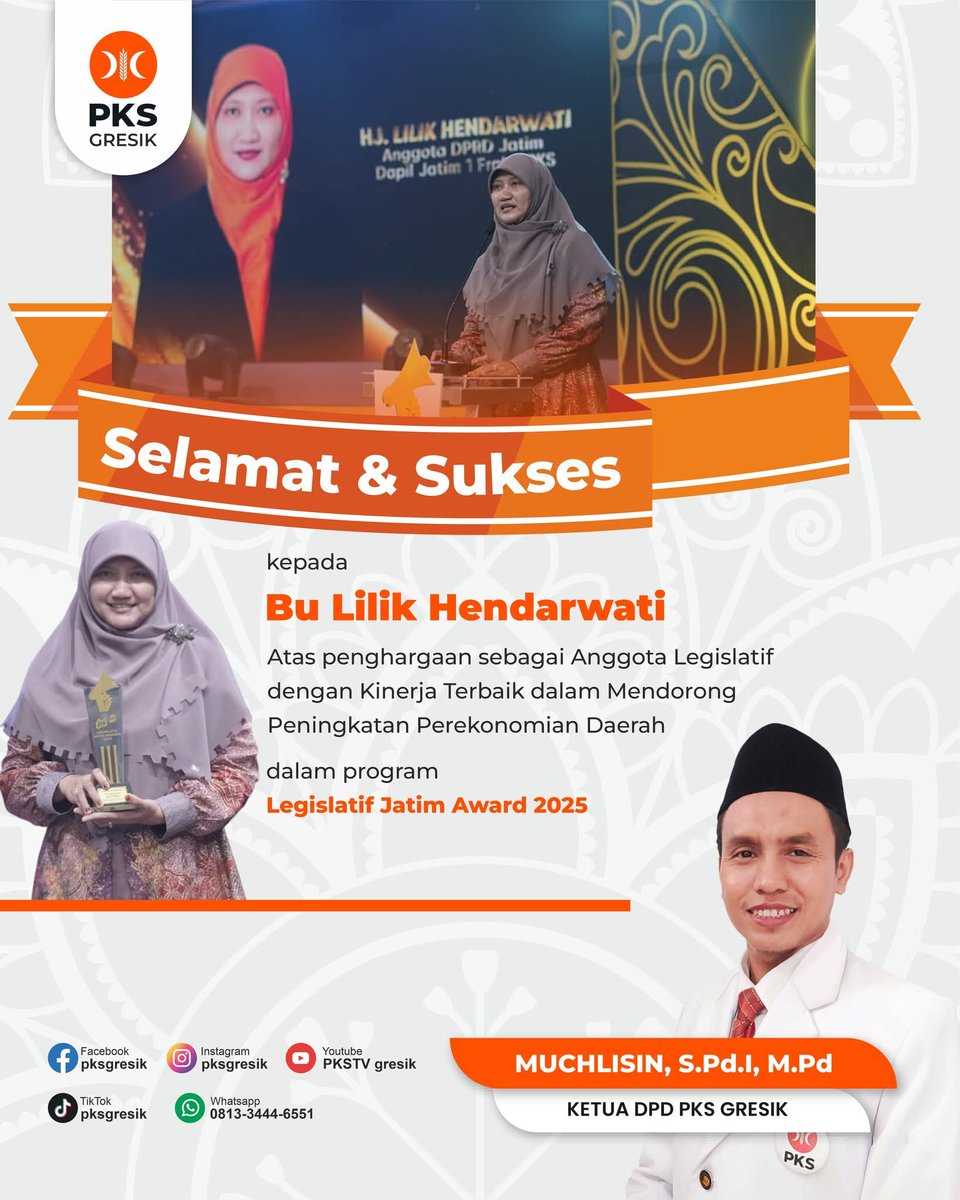 pksgresik's tweet image. Selamat kepada bu @lilikhendarwati , Ketua Fraksi PKS DPRD Jatim sekaligus anggota Komisi C, yang meraih penghargaan Kinerja Terbaik dalam Mendorong Peningkatan Perekonomian Daerah.
#PKSJawaTimur #PKSGresik #BerkhidmatUntukRakyat #EkonomiKerakyatan