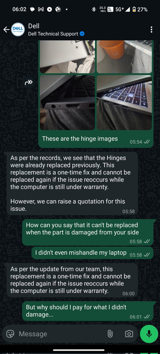 DeepakSG9's tweet photo. @Dell_IN @Dell Nice one guys. I have to pay for this laptop and also I have to pay for the hinges which I never damaged .How is it fair? guys don't buy laptop from dell.Only motive is money right now without quality.Those quality days are done way back #dell #fraud #quality https://t.co/0lQReiAhbN