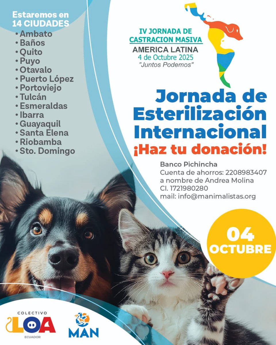 Este año nos unimos a #Castralat, una jornada de esterilización masiva de perros y gatos en toda América Latina. 
Este 4 de octubre seremos 14 ciudades unidas por el bienestar animal. 🐕🐈
Tu aporte es fundamental. 
Dona, difunde, sé voluntario.
#EsterilizarEsAmar