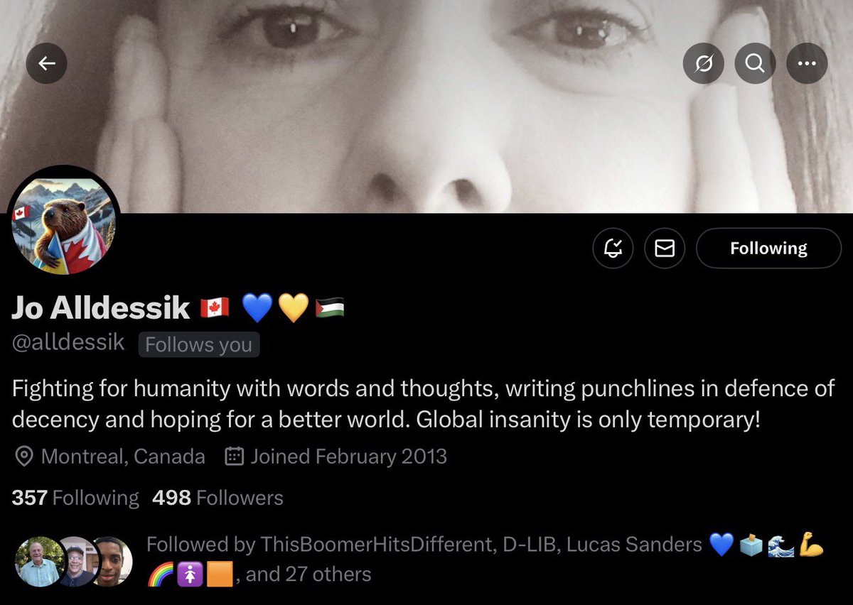 My friend Jo <a href="/alldessik/">Jo Alldessik 🇨🇦 💙💛🇵🇸</a> is at 498 followers right now.

Anyone want to push them past 500? ✊💙