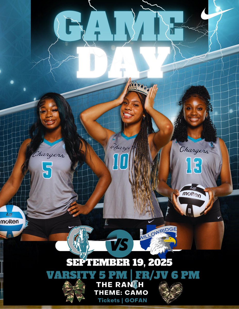 It’s Almost Game Day Charger Fans! 
⚡️🏐🐎

<a href="/ACHS_CHARGER_VB/">Crawford Volleyball</a> is back at the Ranch tomorrow vs. Willowridge Eagles! 🩵⚡️🏐

📍 The Ranch
🗓️ September 18, 2025
⌚️ Varsity 5:00 | FR 6:00 | JV 6:00
🪖Theme: Camouflage 
🎟️ gofan.co/event/3991027

<a href="/ACHS_ATHfbisd/">ACHS_Athletics</a> <a href="/ACHS_Chargers/">Almeta Crawford High School</a>