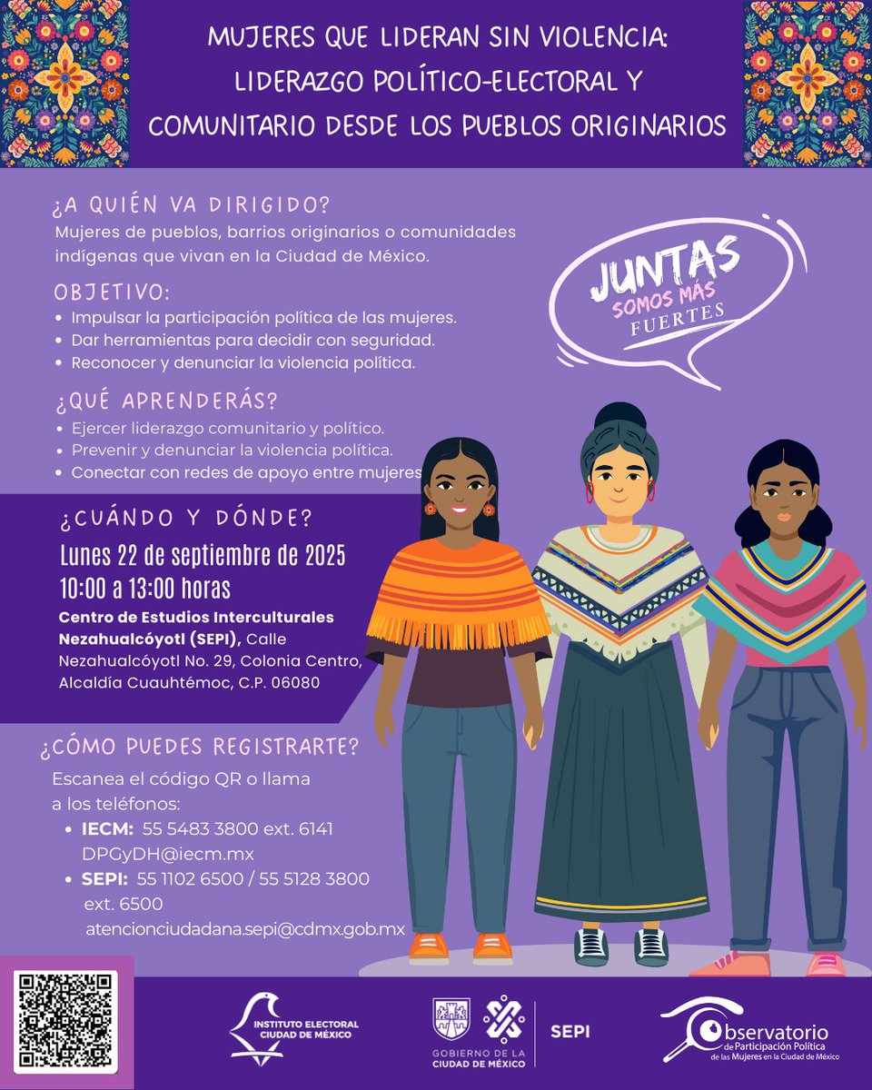 El OPPMCM te invita al taller “Mujeres que lideran sin violencia”.  Fortalece tu liderazgo y redes contra la violencia política de género, desde un enfoque intercultural

📆22sep|⏰10-13h|📍Centro de Estudios Interculturales Nezahualcóyotl SEPI 

Registro: n9.cl/30aw7