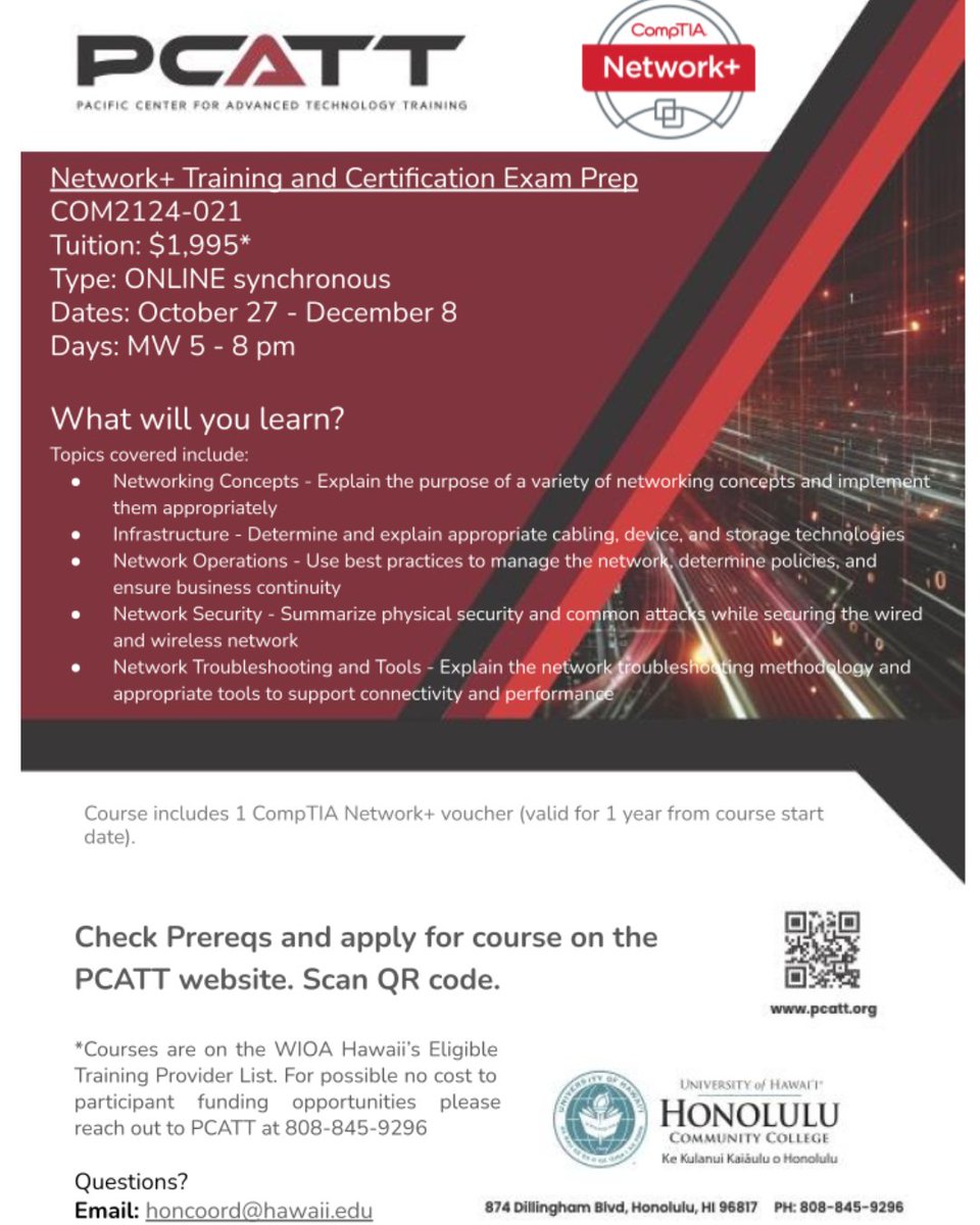 PCATTTweet's tweet image. CompTIA Network+ training is coming! 💻 Our online course starts Oct 27. Learn key networking skills, security, and more. Course includes a Network+ exam voucher. Register today! 👇

pcatt.org

#CompTIA #NetworkPlus #ITCertification #Networking #CareerGrowth