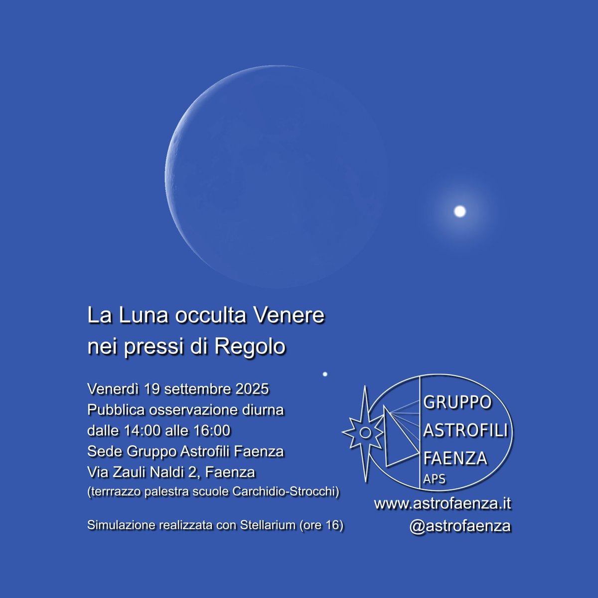 Oggi pomeriggio, venerdì 19 settembre, la Luna occulterà Venere. Il fenomeno sarà visibile da tutta Italia. Venere non è impossibile da vedere di giorno, e la vicinanza della Luna renderà più facile trovare il pianeta prima e dopo l'occultazione.